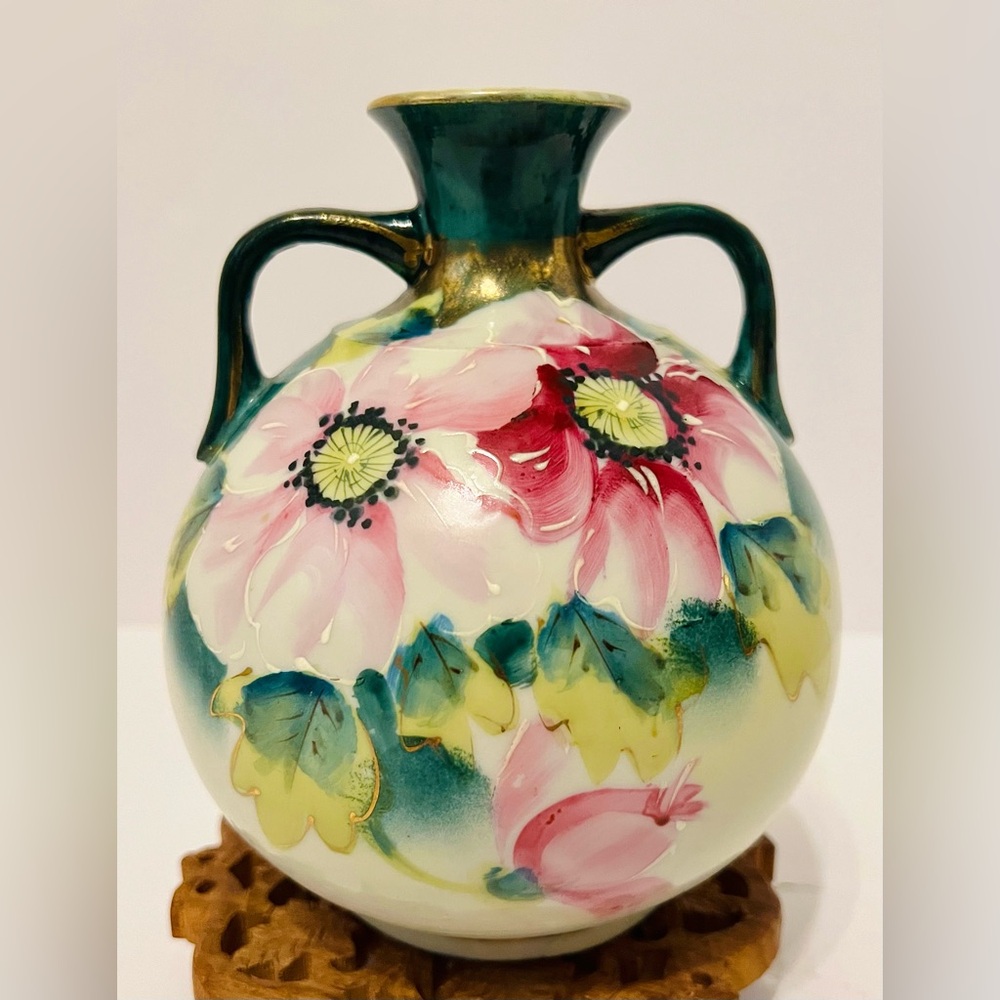 Vintage Moriage Pink Floral Green Handle Porcelain Bud Vase w/ Gold Trim